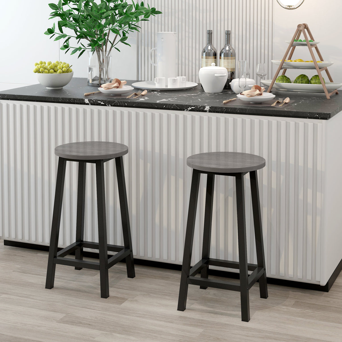 Barhocker Industrial aus Holz und Metall, 2er-Set